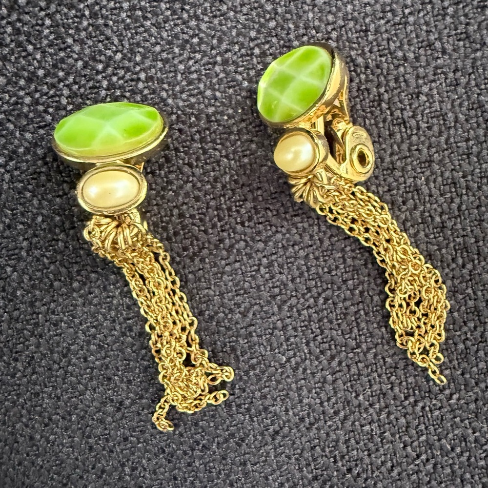 Vintage Moet Green / Pearl/ Gold  Dangle Earrings